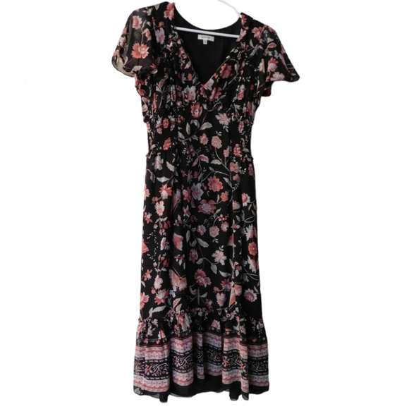 Max Studio Women's Pink and Black Flutter Sleeve Floral Midi Dress size M - Picture 15 of 15